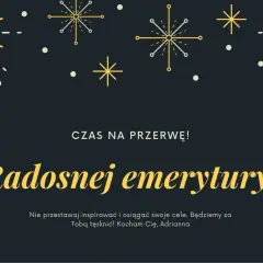 Grafika z napisem "Radosnej emerytury!" na ciemnym tle, ozdobiona złotymi i białymi fajerwerkami.