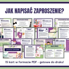Grafika przedstawia kolaż z kartami poradnika "Jak napisać zaproszenie?", z tekstem i ilustracjami.