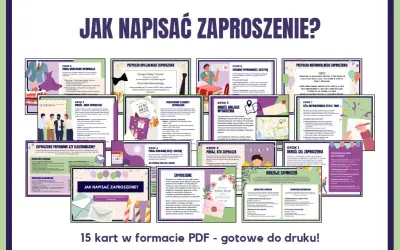 Grafika przedstawia kolaż z kartami poradnika "Jak napisać zaproszenie?", z tekstem i ilustracjami.