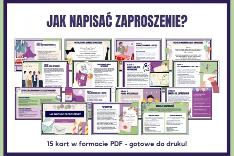 Grafika przedstawia kolaż z kartami poradnika "Jak napisać zaproszenie?", z tekstem i ilustracjami.