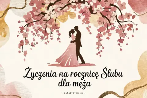 Sylwetka pary obejmującej się pod kwitnącą wiśnią, z napisem "Życzenia na rocznicę ślubu dla męża".