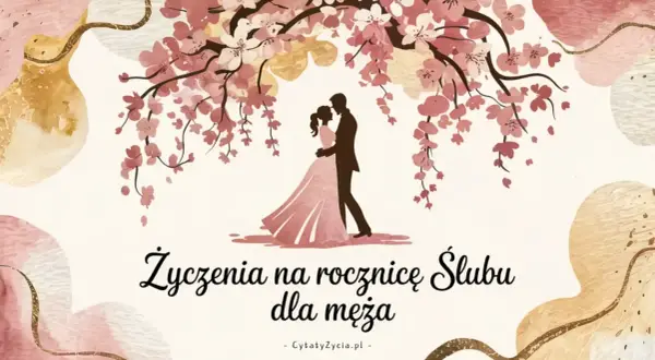 Sylwetka pary obejmującej się pod kwitnącą wiśnią, z napisem "Życzenia na rocznicę ślubu dla męża".