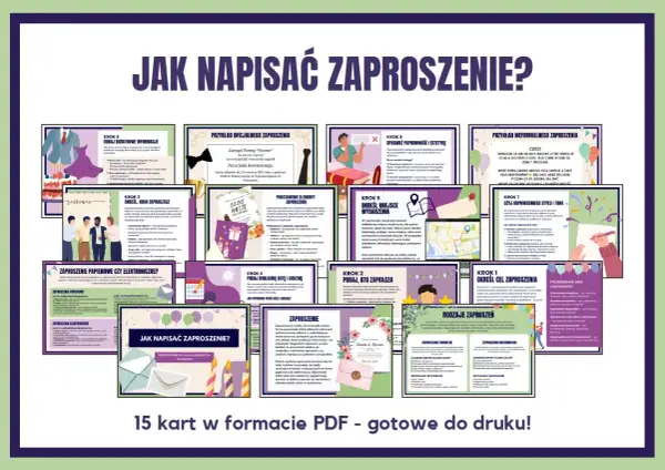 Grafika przedstawia kolaż z kartami poradnika "Jak napisać zaproszenie?", z tekstem i ilustracjami.